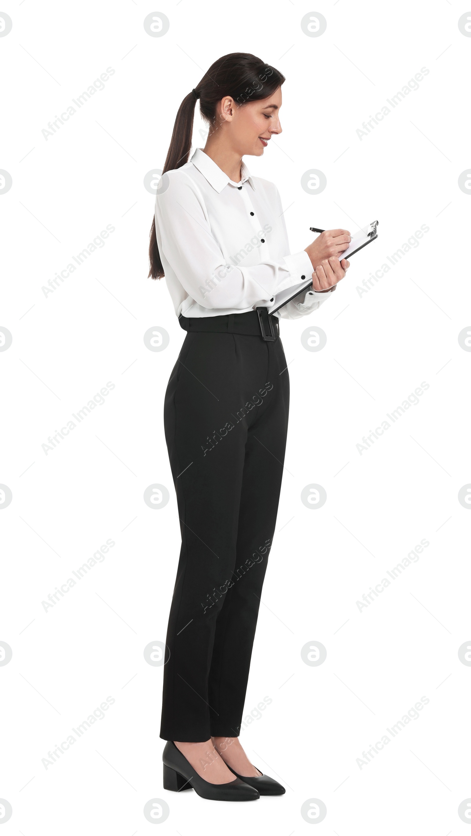 Photo of Happy businesswoman with clipboard on white background