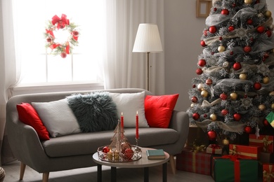 Image of Beautiful living room with Christmas decor. Festive interior