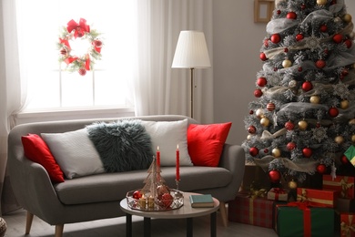 Beautiful living room with Christmas decor. Festive interior