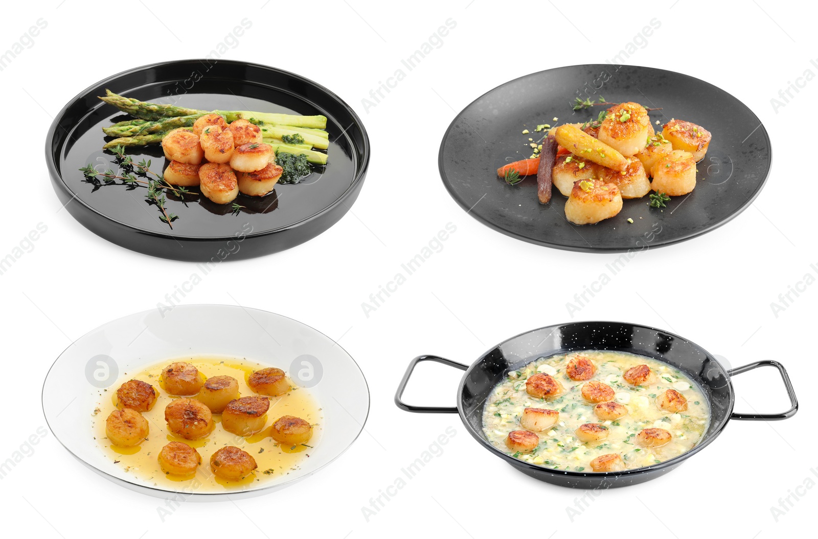 Image of Delicious fried scallops isolated on white, set