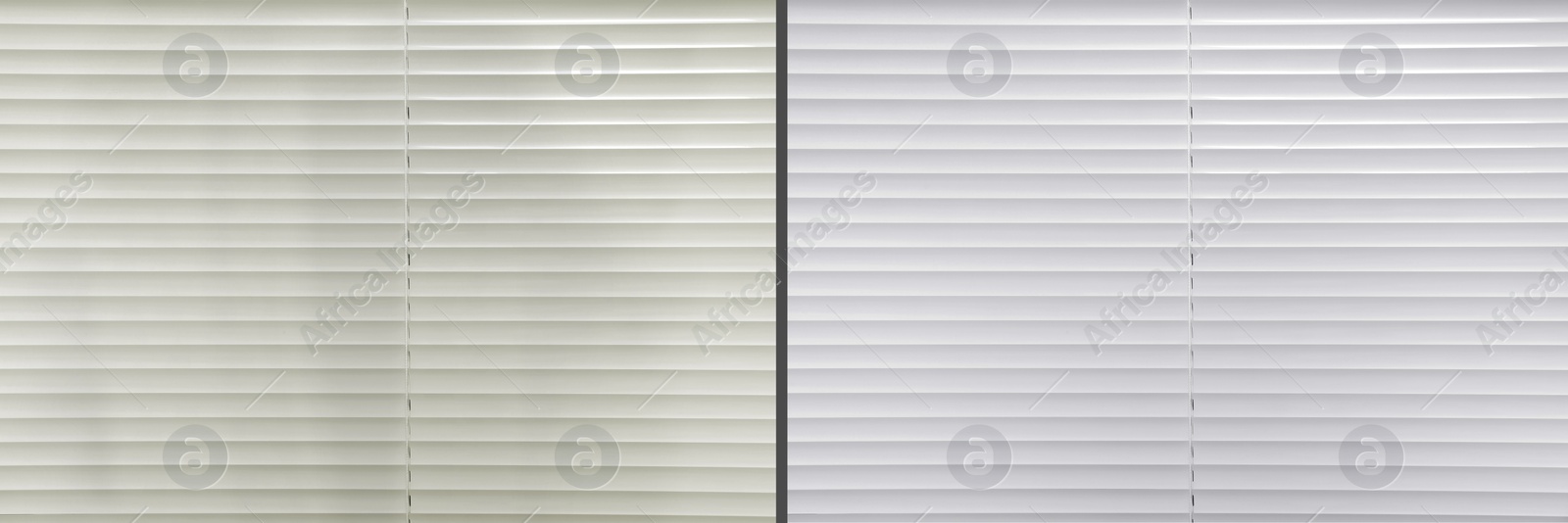 Image of Window blinds before and after cleaning, closeup. Banner design 