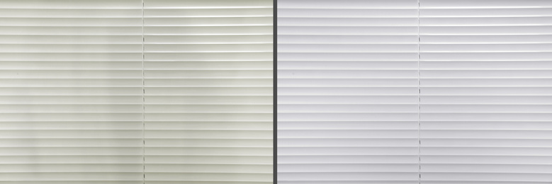 Image of Window blinds before and after cleaning, closeup. Banner design 