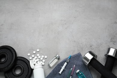 Different drugs and sports equipment on grey background, flat lay with space for text. Doping control