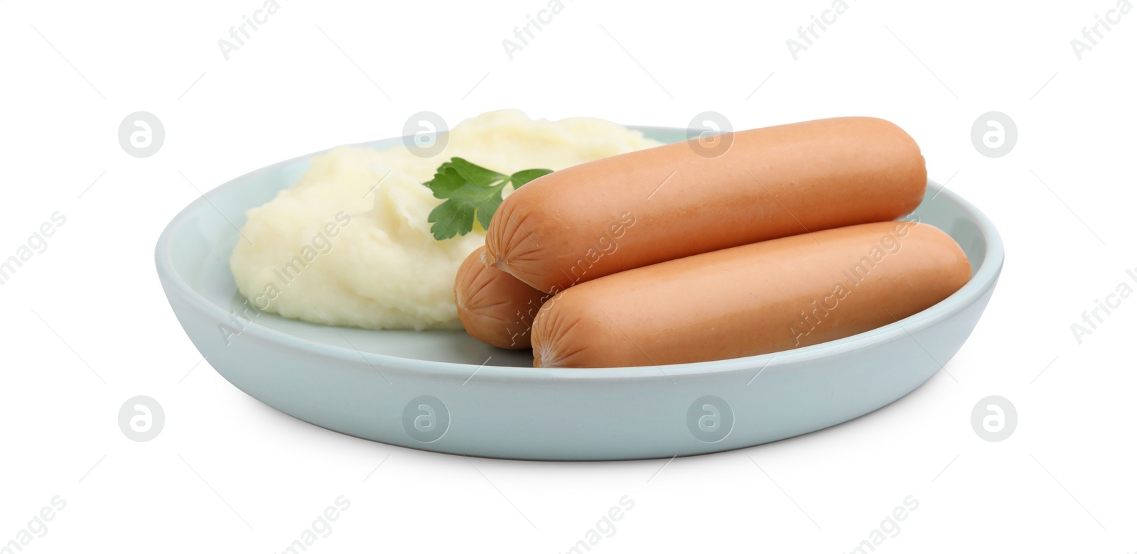 Photo of Delicious boiled sausages, mashed potato and parsley isolated on white
