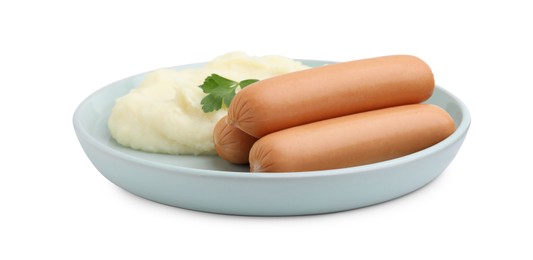 Photo of Delicious boiled sausages, mashed potato and parsley isolated on white