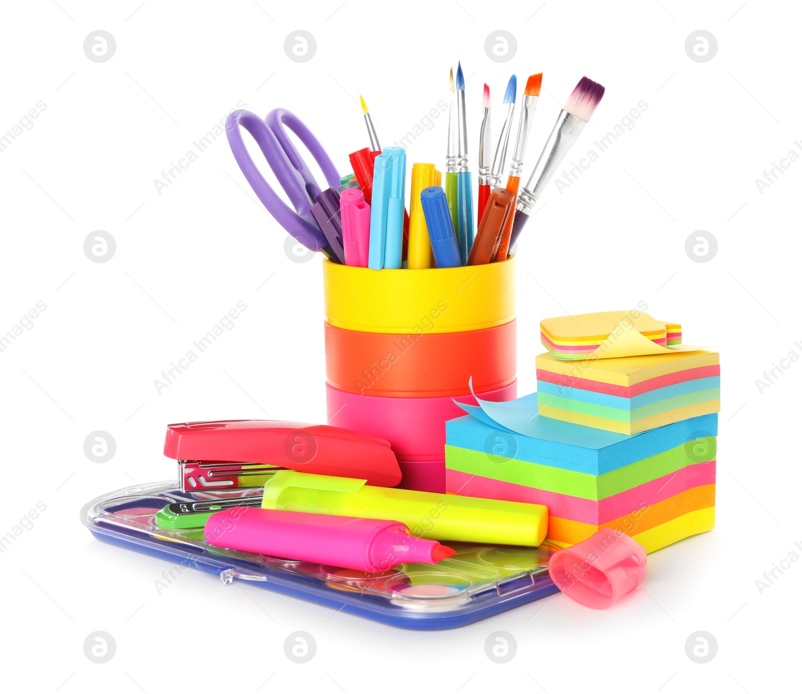 Photo of Set of colorful school stationery on white background