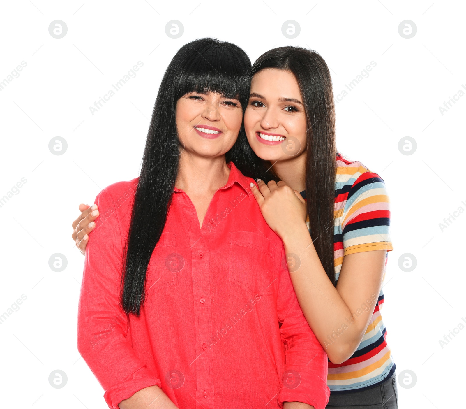 Photo of Portrait of young woman and her mature mother on white background