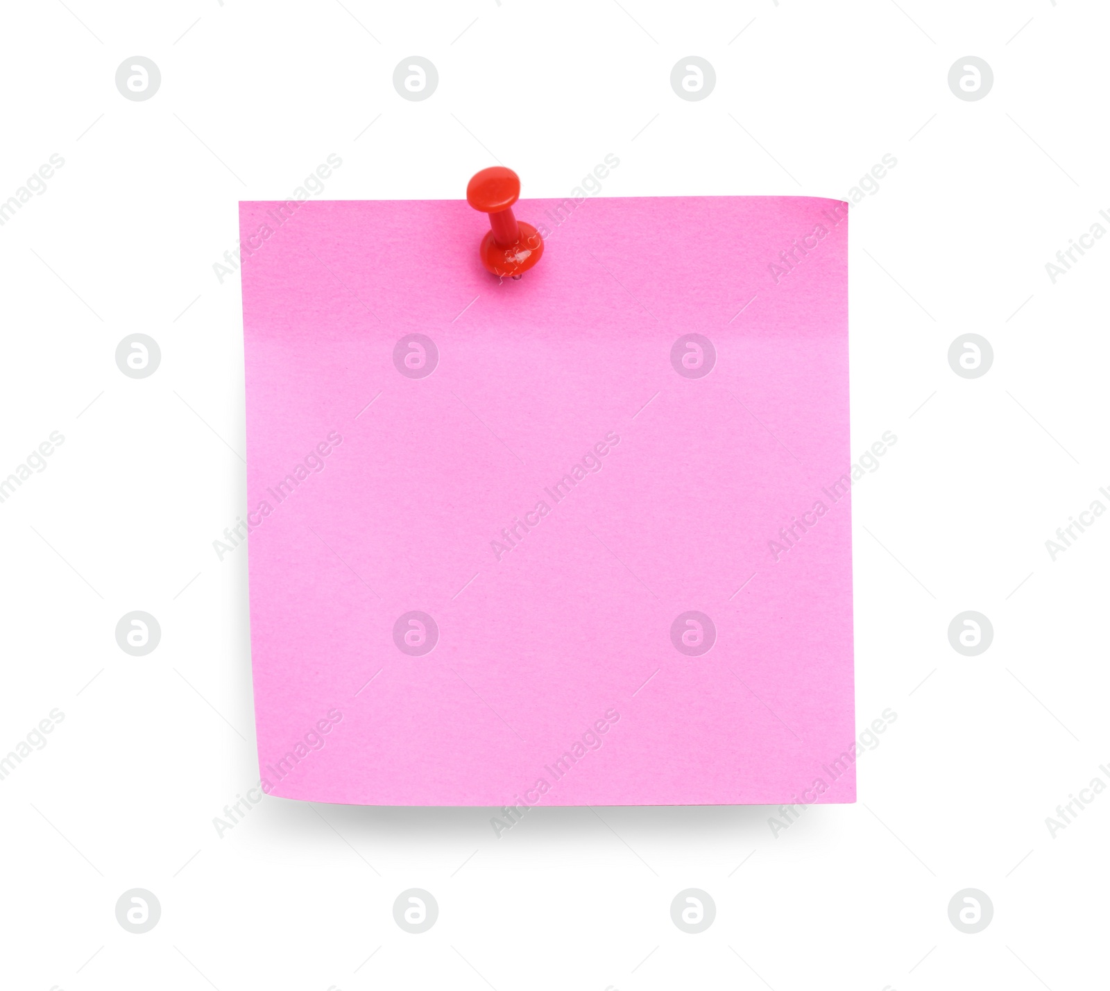 Photo of Blank pink note pinned on white background, top view