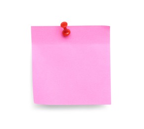 Blank pink note pinned on white background, top view