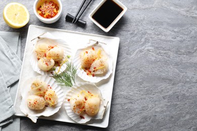 Photo of Raw scallops with spices, lemon zest, shells and sauces on grey marble table, flat lay. Space for text