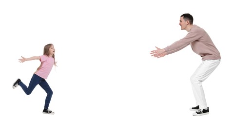 Image of Happy girl running towards her father on white background