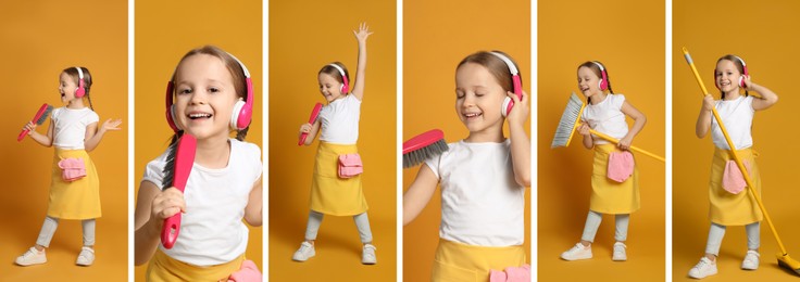 Image of Collage with photos of funny little girl singing on orange background. Banner design
