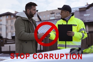 Image of Stop corruption. Illustration of red prohibition sign and man giving bribe to police officer near car outdoors