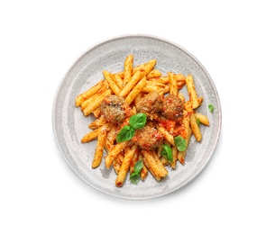 Delicious pasta with meatballs and tomato sauce on plate, isolated on white