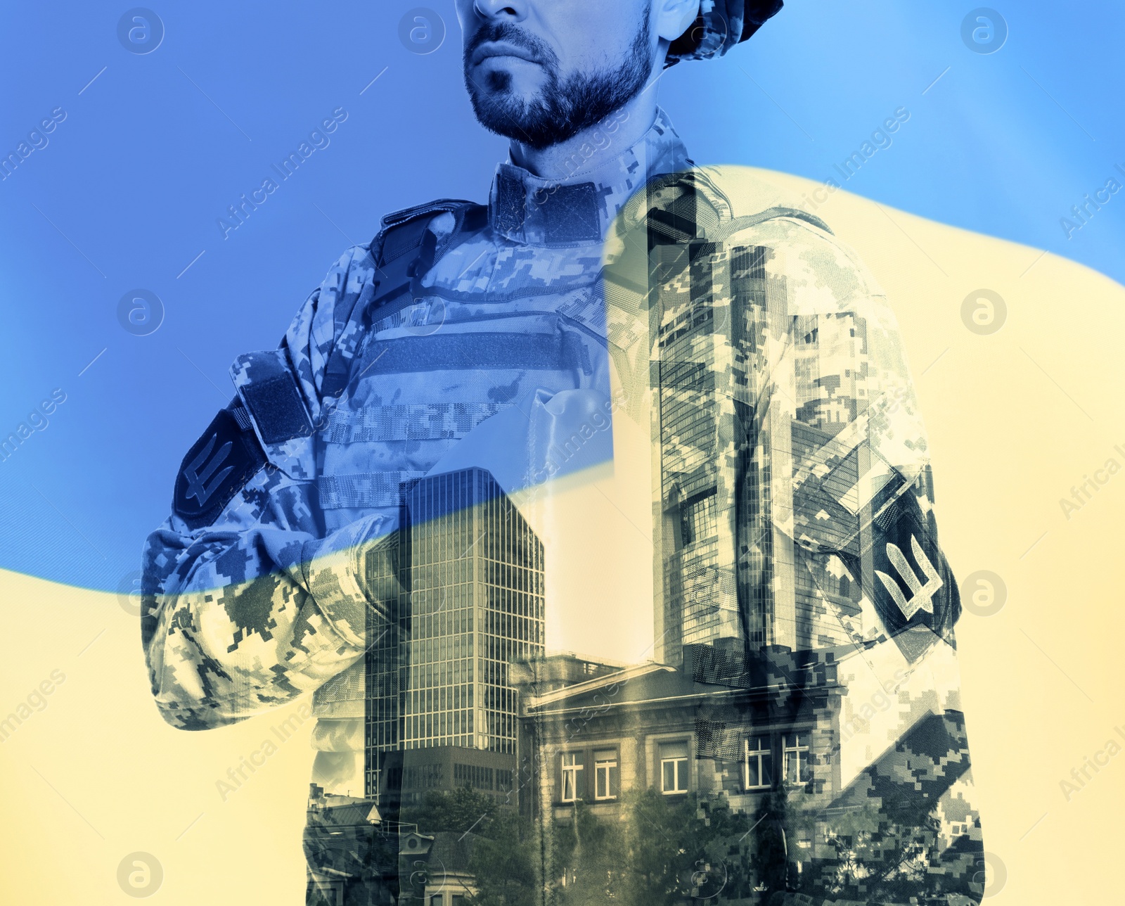 Image of Multiple exposure of Ukrainian flag, city and soldier in military uniform, closeup