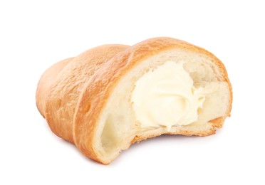 Photo of Half of delicious croissant with cream isolated on white