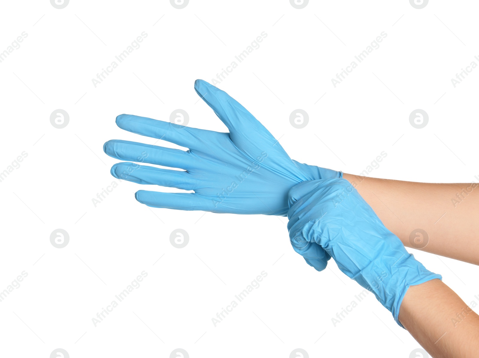 Photo of Doctor wearing medical gloves on white background