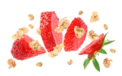 Image of Delicious granola and strawberries on white background. Healthy snack  