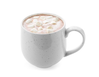 Photo of Delicious cocoa drink with marshmallows in cup on white background