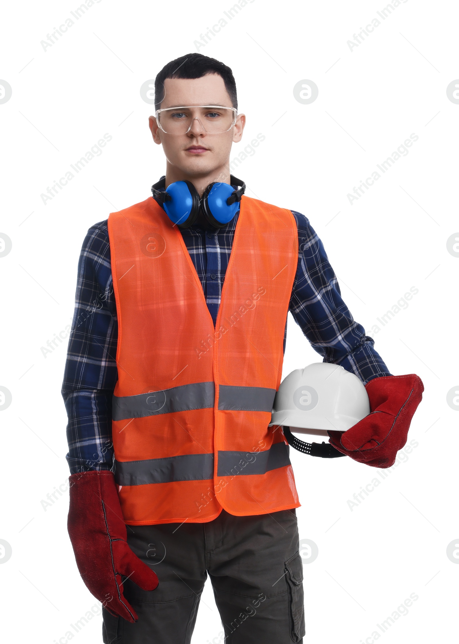 Photo of Young man wearing safety equipment on white background