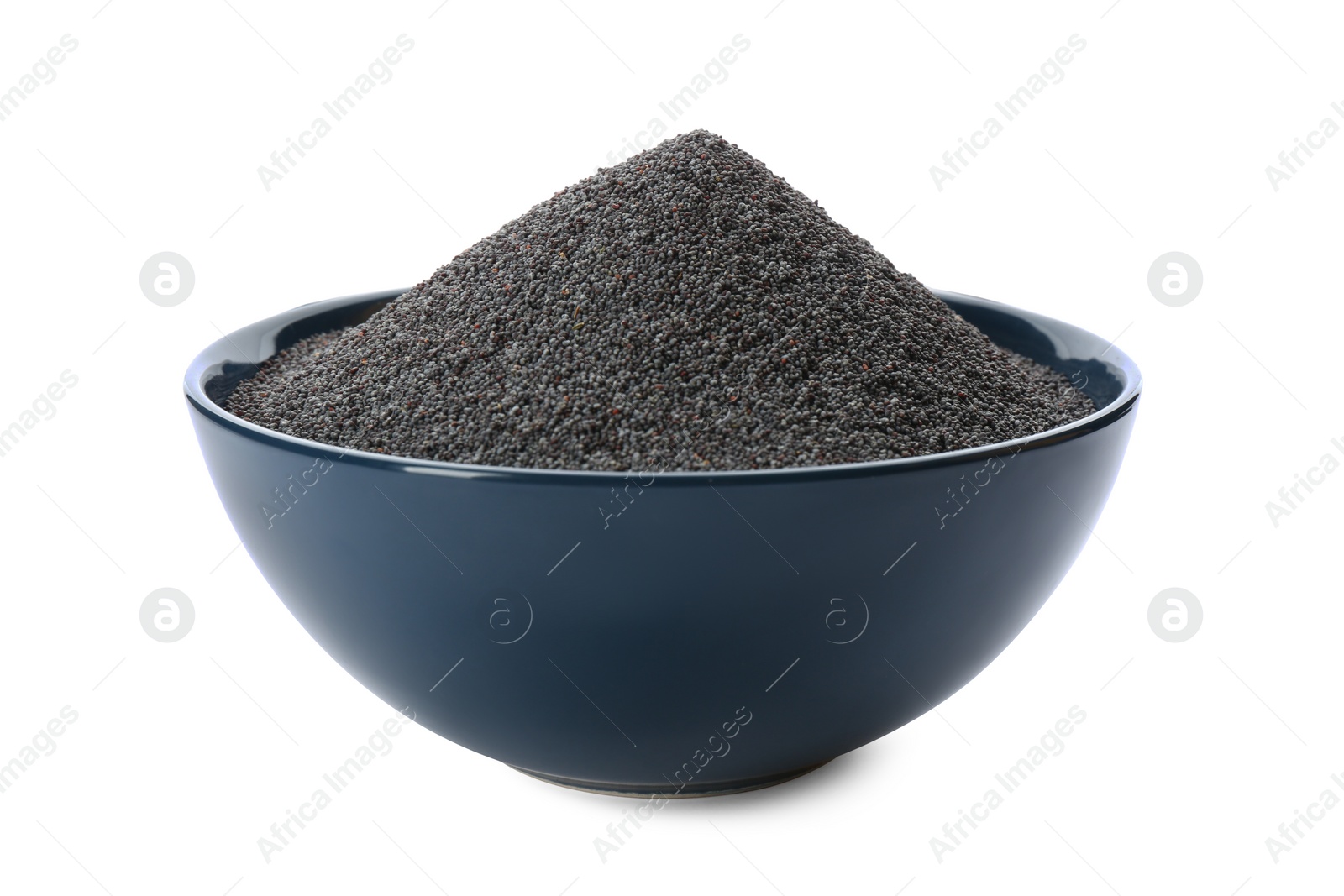 Photo of Poppy seeds in ceramic bowl isolated on white