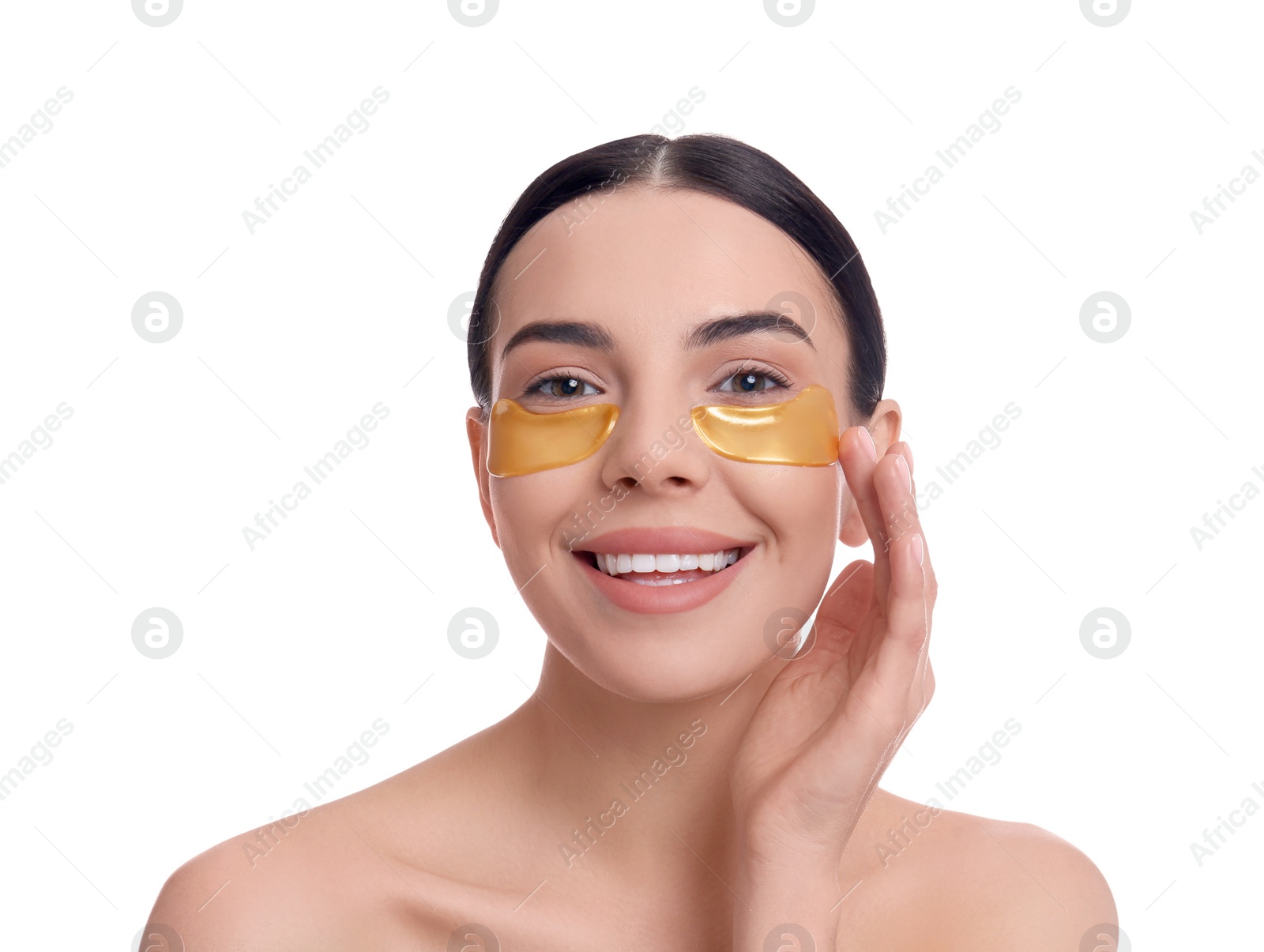 Photo of Beautiful young woman with under eye patches on white background