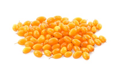 Fresh ripe sea buckthorn berries on white background