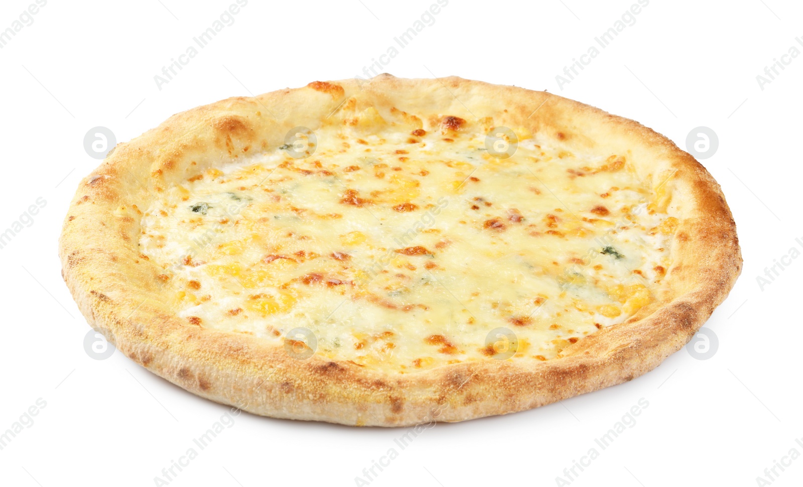 Photo of One delicious cheese pizza isolated on white