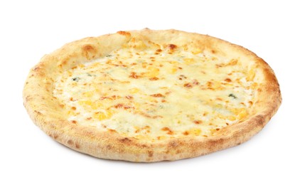 Photo of One delicious cheese pizza isolated on white