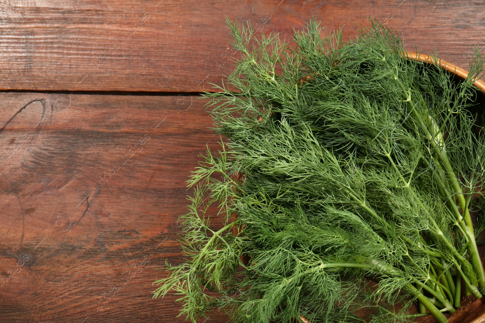 Photo of Bowl of fresh green dill on wooden table, top view. Space for text