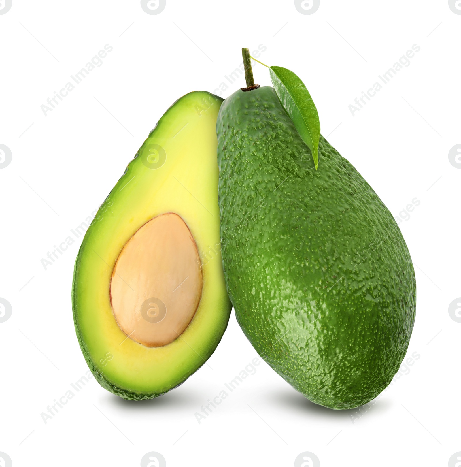 Image of Cut and whole fresh avocados on white background