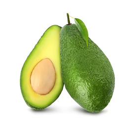 Image of Cut and whole fresh avocados on white background