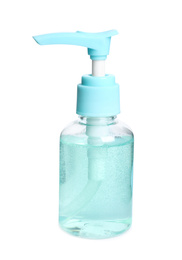 Photo of Dispenser bottle with antiseptic gel isolated on white