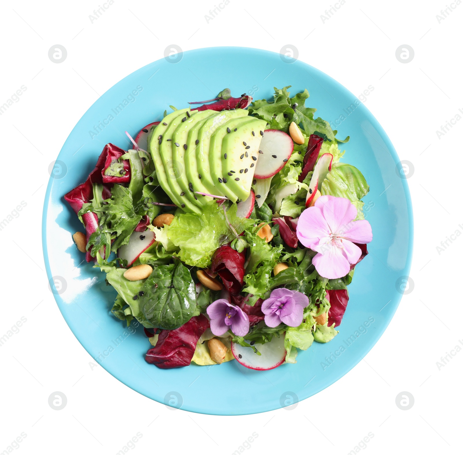 Photo of Fresh spring salad with flowers isolated on white, top view
