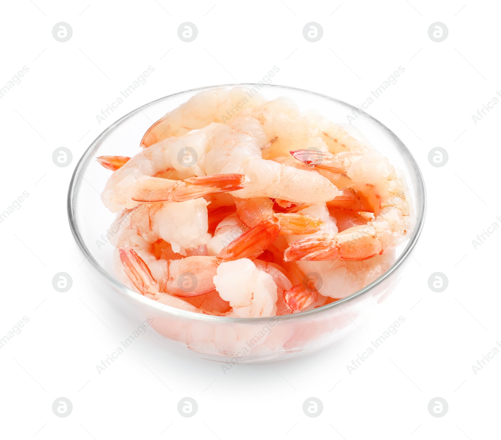 Photo of Bowl with fresh shrimps on white background