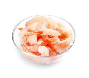 Photo of Bowl with fresh shrimps on white background