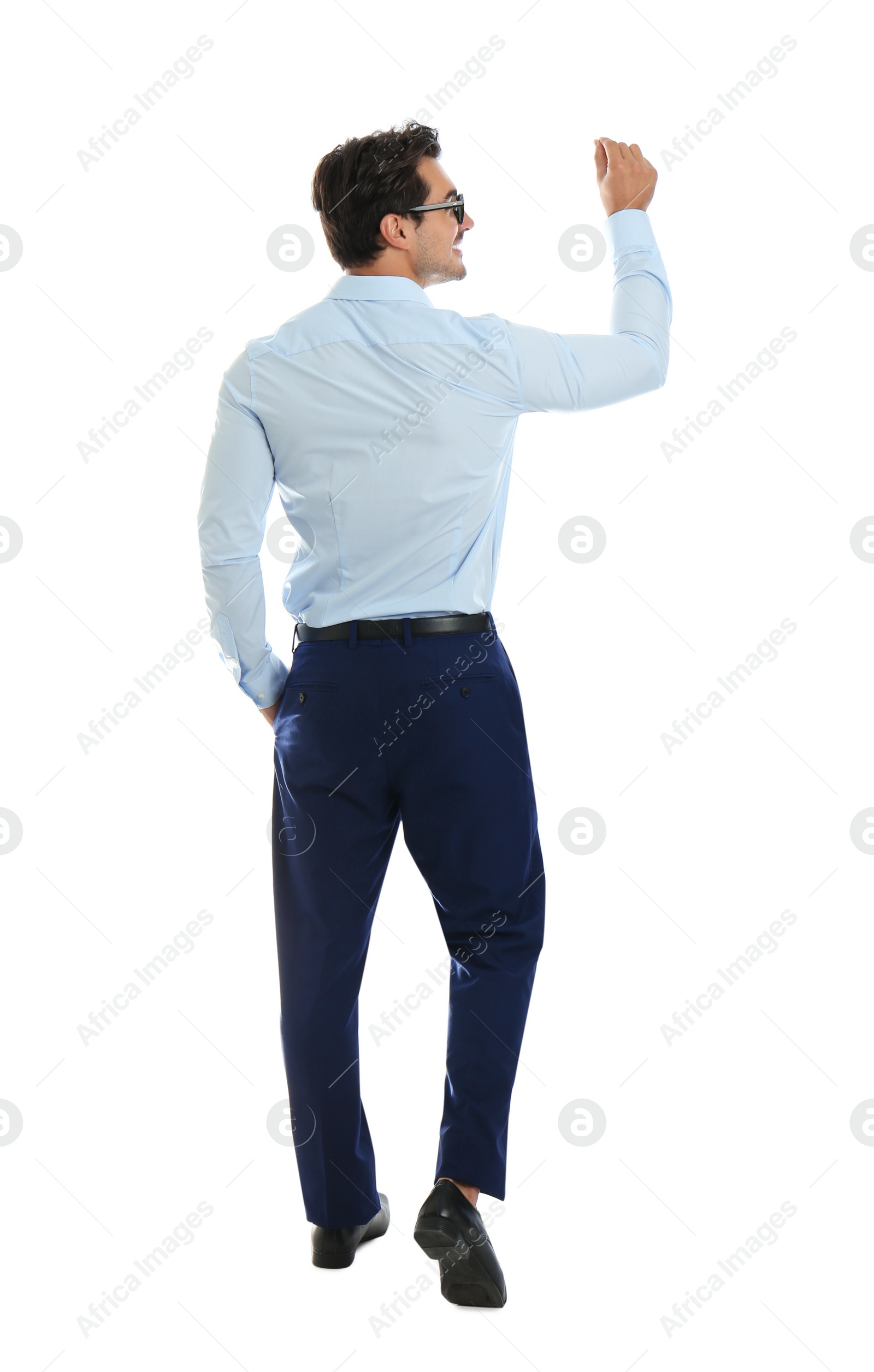 Photo of Young male teacher with glasses on white background