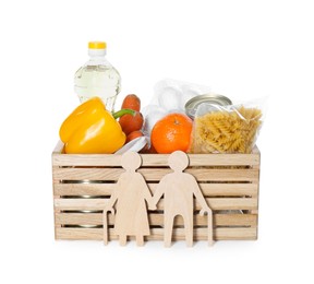 Photo of Humanitarian aid for elderly people. Wooden crate with donation food and figures of couple isolated on white