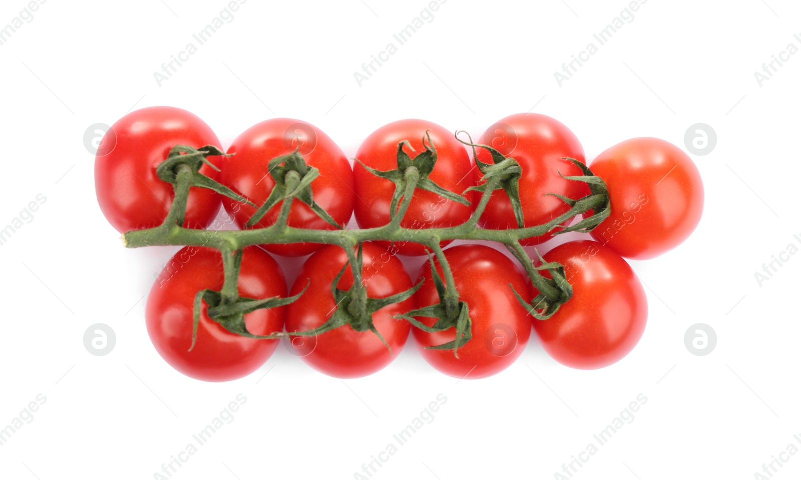 Photo of Branch of fresh cherry tomatoes isolated on white, top view