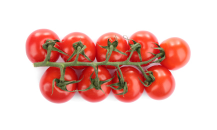 Branch of fresh cherry tomatoes isolated on white, top view