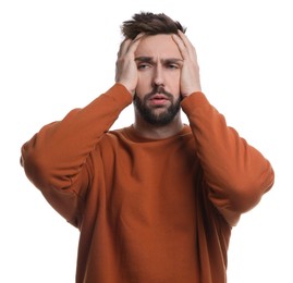 Photo of Man suffering from headache on white background. Cold symptoms