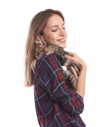 Photo of Young woman with cat on white background. Owner and pet