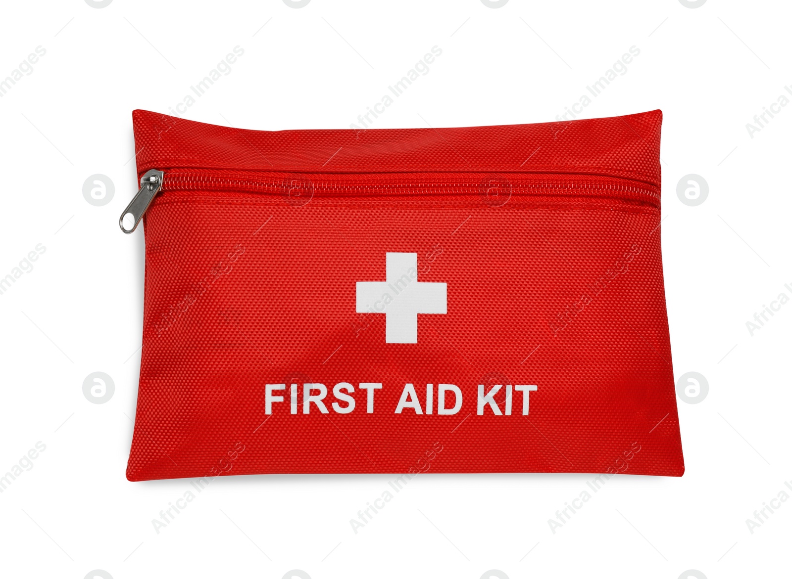 Photo of Red first aid kit isolated on white, top view