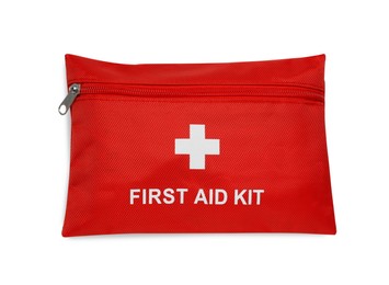 Photo of Red first aid kit isolated on white, top view