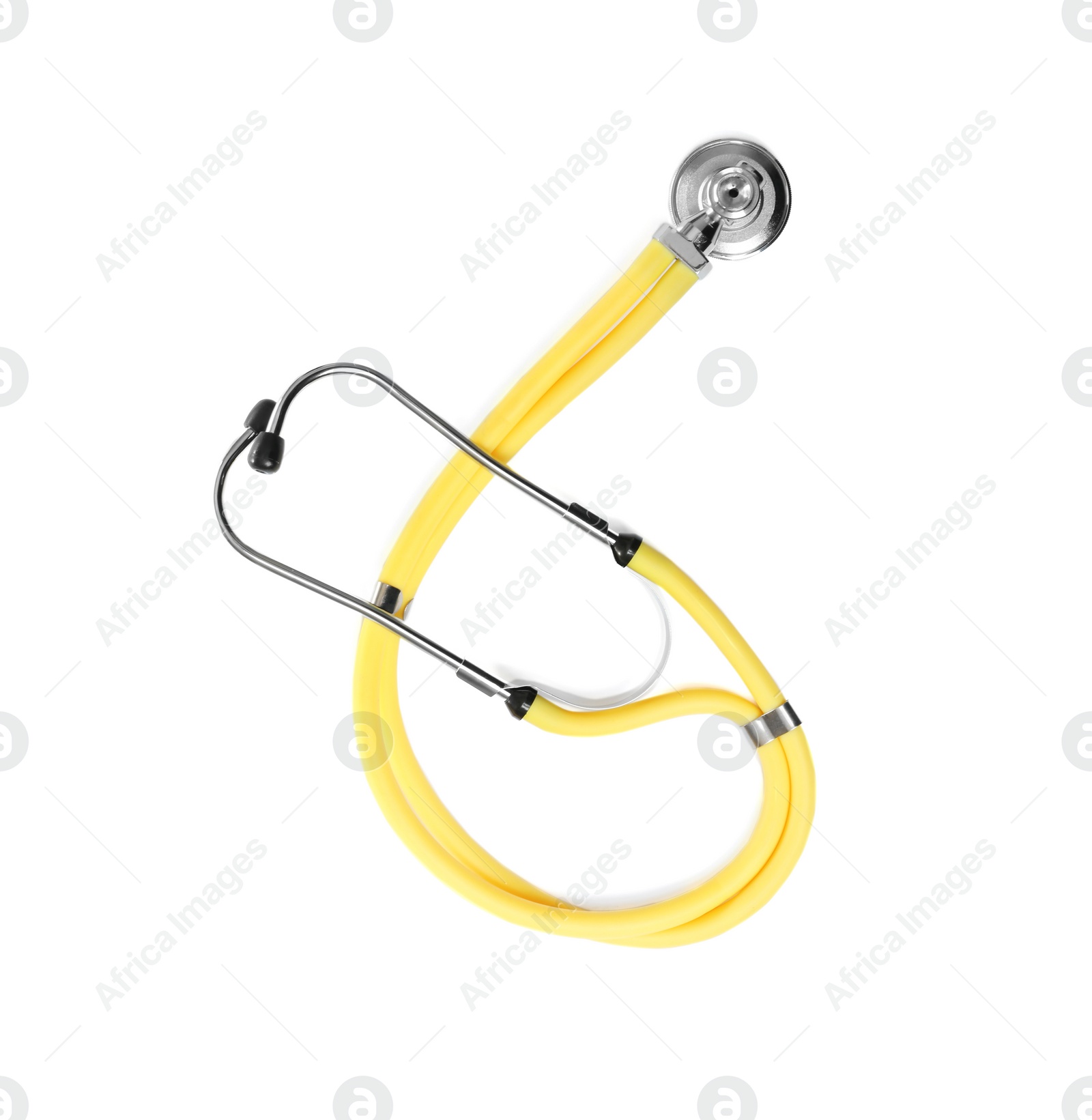 Photo of Stethoscope on white background, top view. Medical students stuff