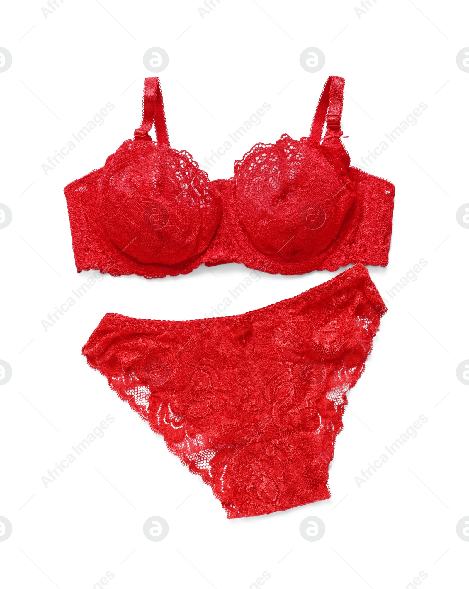 Photo of Elegant red women's underwear on white background, top view