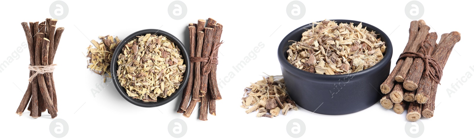 Image of Set with dried sticks of liquorice root and shavings  on white background. Banner design