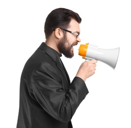 Young businessman shouting into megaphone on white background