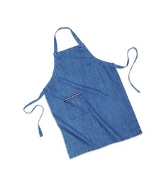 Photo of Denim blue kitchen apron isolated on white