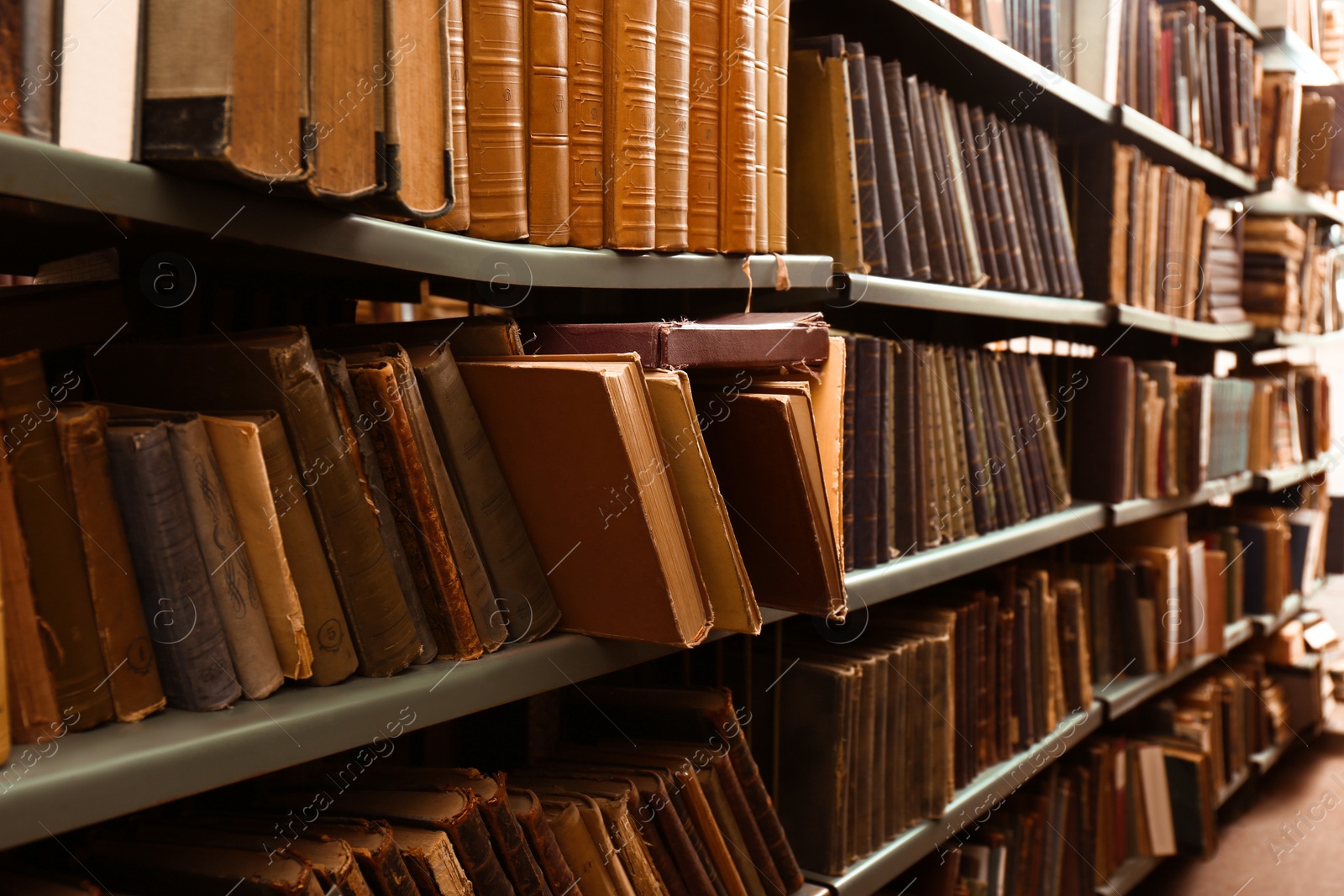 Image of Collection of different books on shelves in library